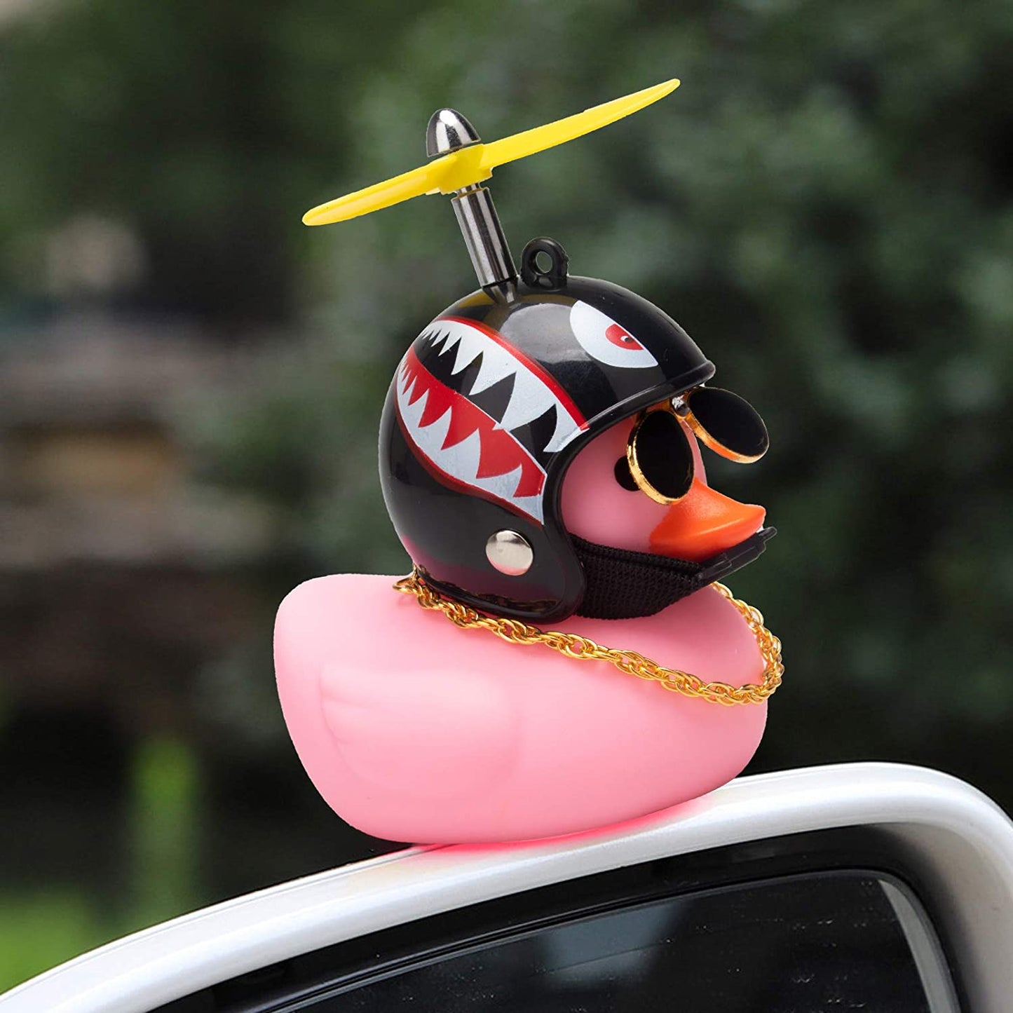 Car Duck, Rubber Duck Car Decorations, Dashboard 2Pack Small Duck Ornaments with Propellers Glasses Gold Chain (T-Rabbit&Shark-Pink)