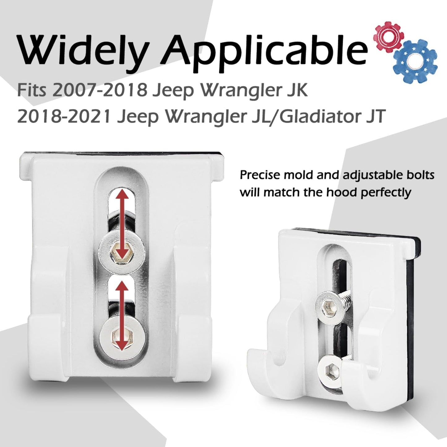 Aluminum Hood Latches Catch Kit with US Flag Style for 2007-2018 Jeep Wrangler JK JKU Unlimited & 2018-2020 Jeep Wrangler JL JLU, Jeep Wrangler Accessories Parts (White)