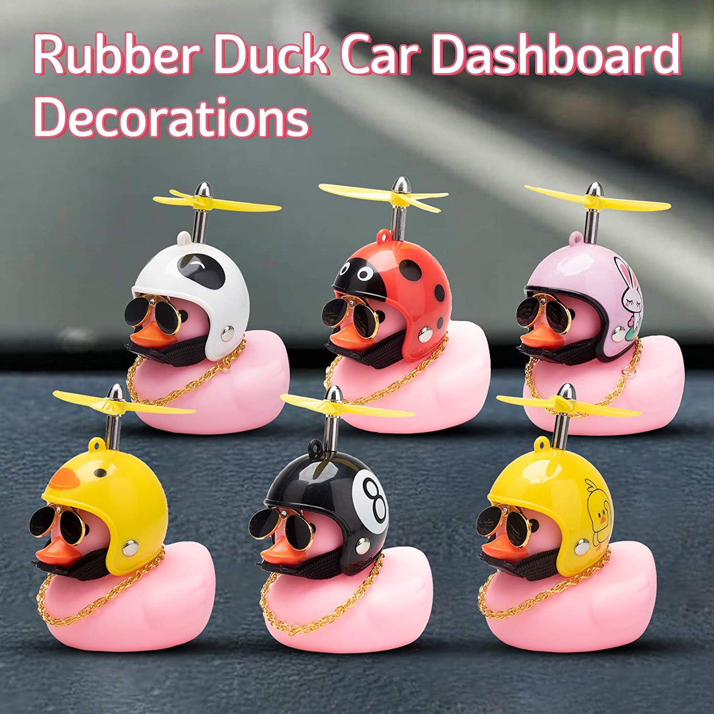 Car Duck, Rubber Duck Car Decorations, Dashboard 2Pack Small Duck Ornaments with Propellers Glasses Gold Chain (T-Rabbit&Shark-Pink)