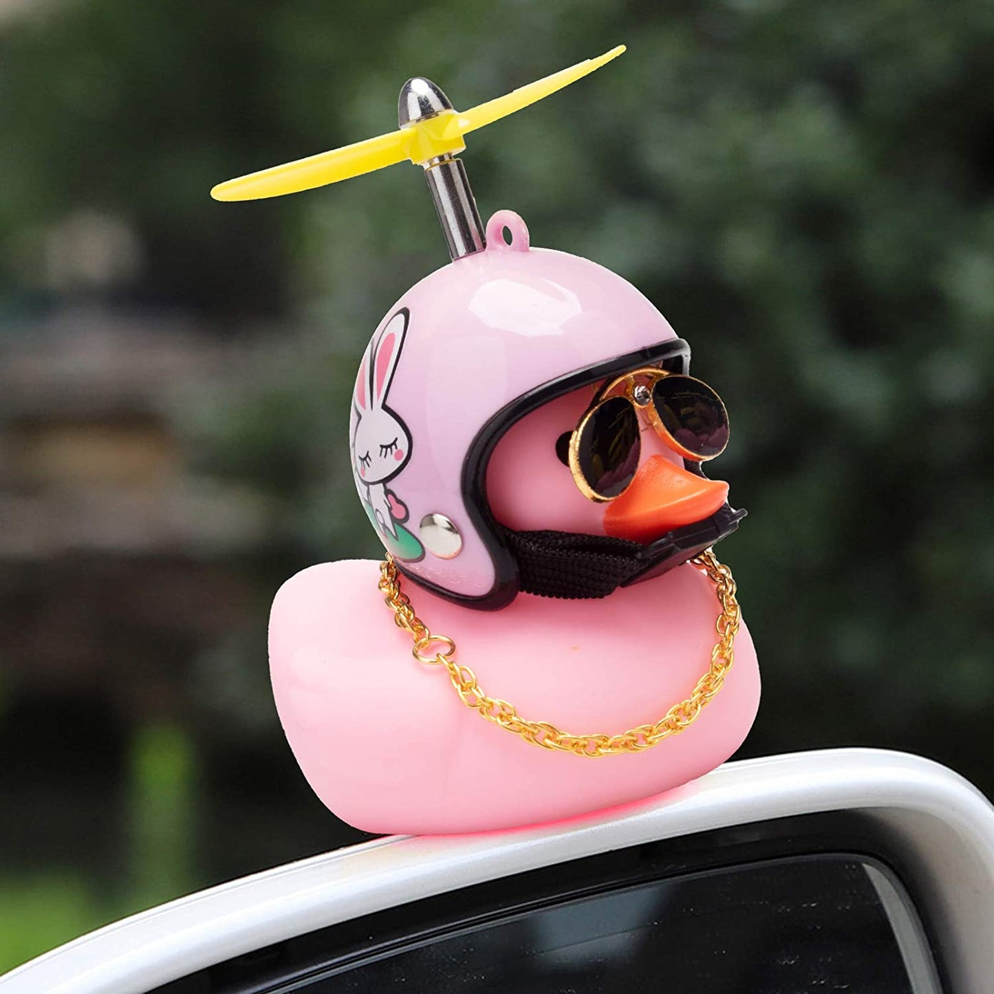 Car Duck, Rubber Duck Car Decorations, Dashboard 2Pack Small Duck Ornaments with Propellers Glasses Gold Chain (T-Rabbit&Shark-Pink)