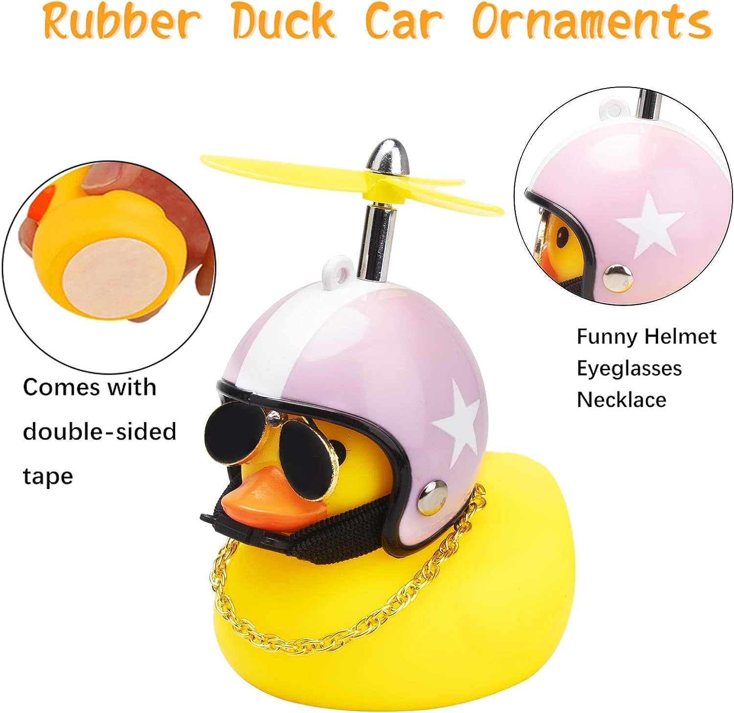 Car Duck, Rubber Duck Car Decorations, Dashboard 2Pack Small Duck Ornaments with Propellers Glasses Gold Chain