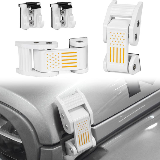 Aluminum Hood Latches Catch Kit with US Flag Style for 2007-2018 Jeep Wrangler JK JKU Unlimited & 2018-2020 Jeep Wrangler JL JLU, Jeep Wrangler Accessories Parts (White)