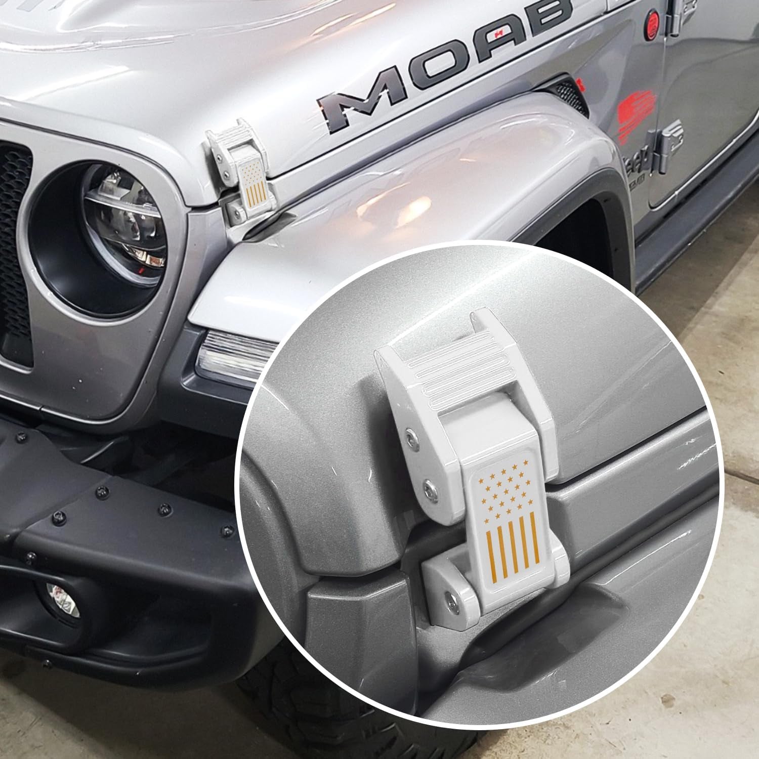 Aluminum Hood Latches Catch Kit with US Flag Style for 2007-2018 Jeep Wrangler JK JKU Unlimited & 2018-2020 Jeep Wrangler JL JLU, Jeep Wrangler Accessories Parts (White)