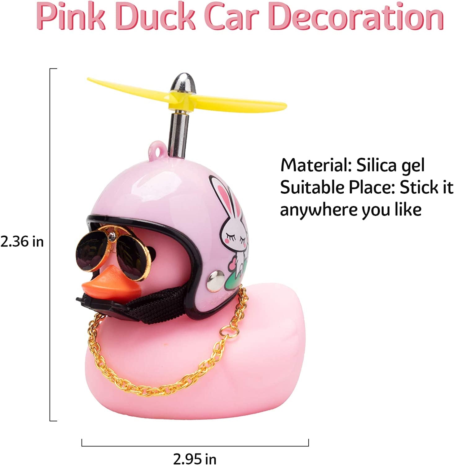 Car Duck, Rubber Duck Car Decorations, Dashboard 2Pack Small Duck Ornaments with Propellers Glasses Gold Chain (T-Rabbit&Shark-Pink)