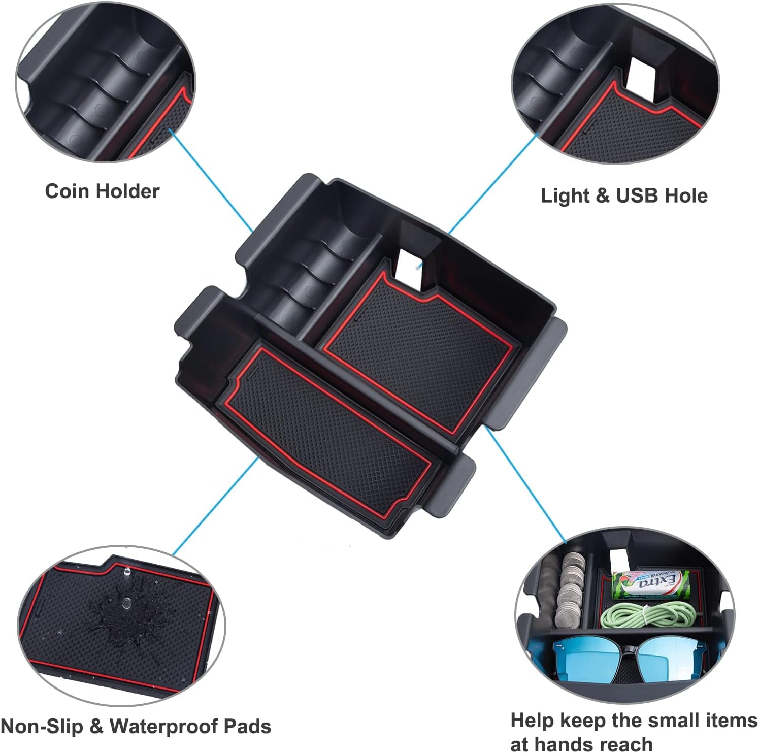 Compatible with Jeep Wrangler JL/JLU 2018-2024 & Jeep Gladiator JT 2020-2024 Center Console Organizer Armest Storage Tray (Not for Jk/Jku)-Red Trim