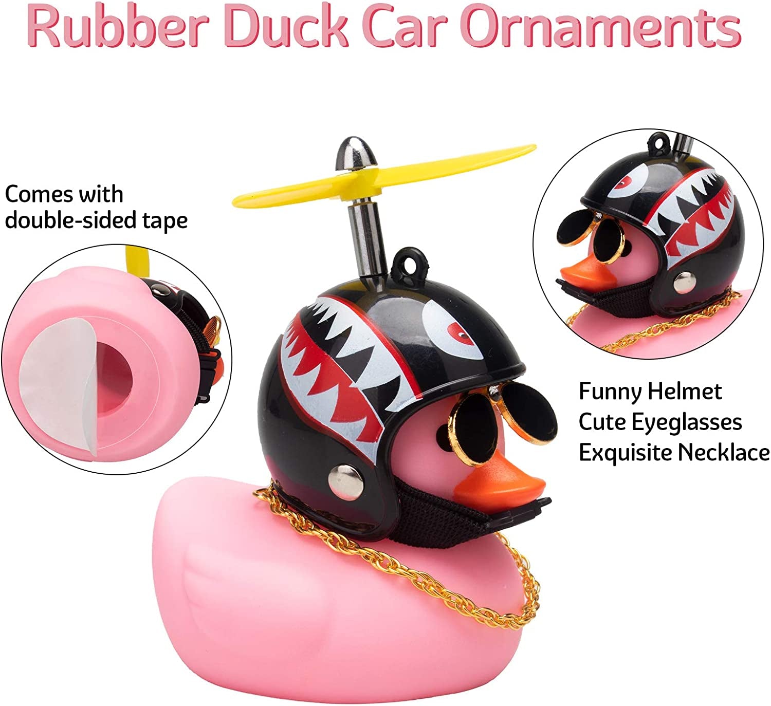 Car Duck, Rubber Duck Car Decorations, Dashboard 2Pack Small Duck Ornaments with Propellers Glasses Gold Chain (T-Rabbit&Shark-Pink)