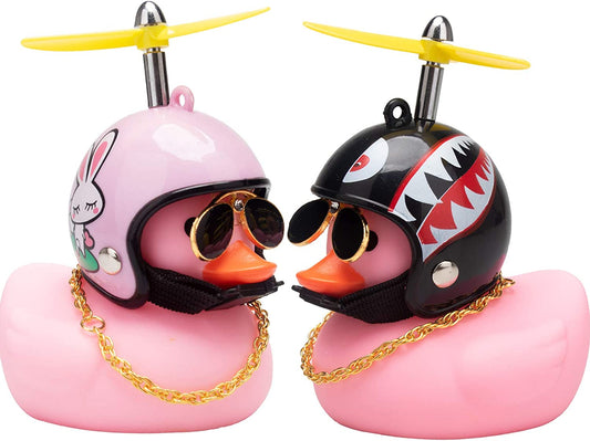 Car Duck, Rubber Duck Car Decorations, Dashboard 2Pack Small Duck Ornaments with Propellers Glasses Gold Chain (T-Rabbit&Shark-Pink)