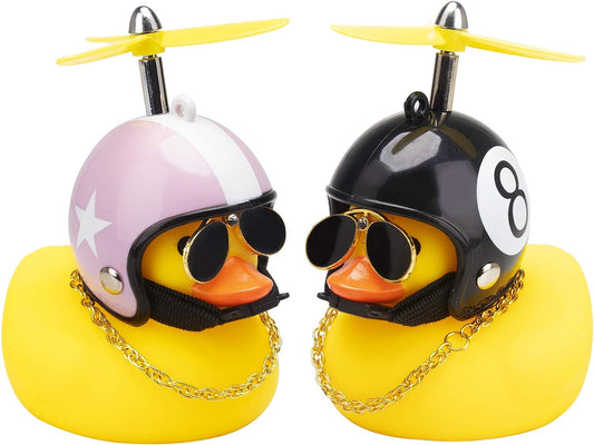 Car Duck, Rubber Duck Car Decorations, Dashboard 2Pack Small Duck Ornaments with Propellers Glasses Gold Chain