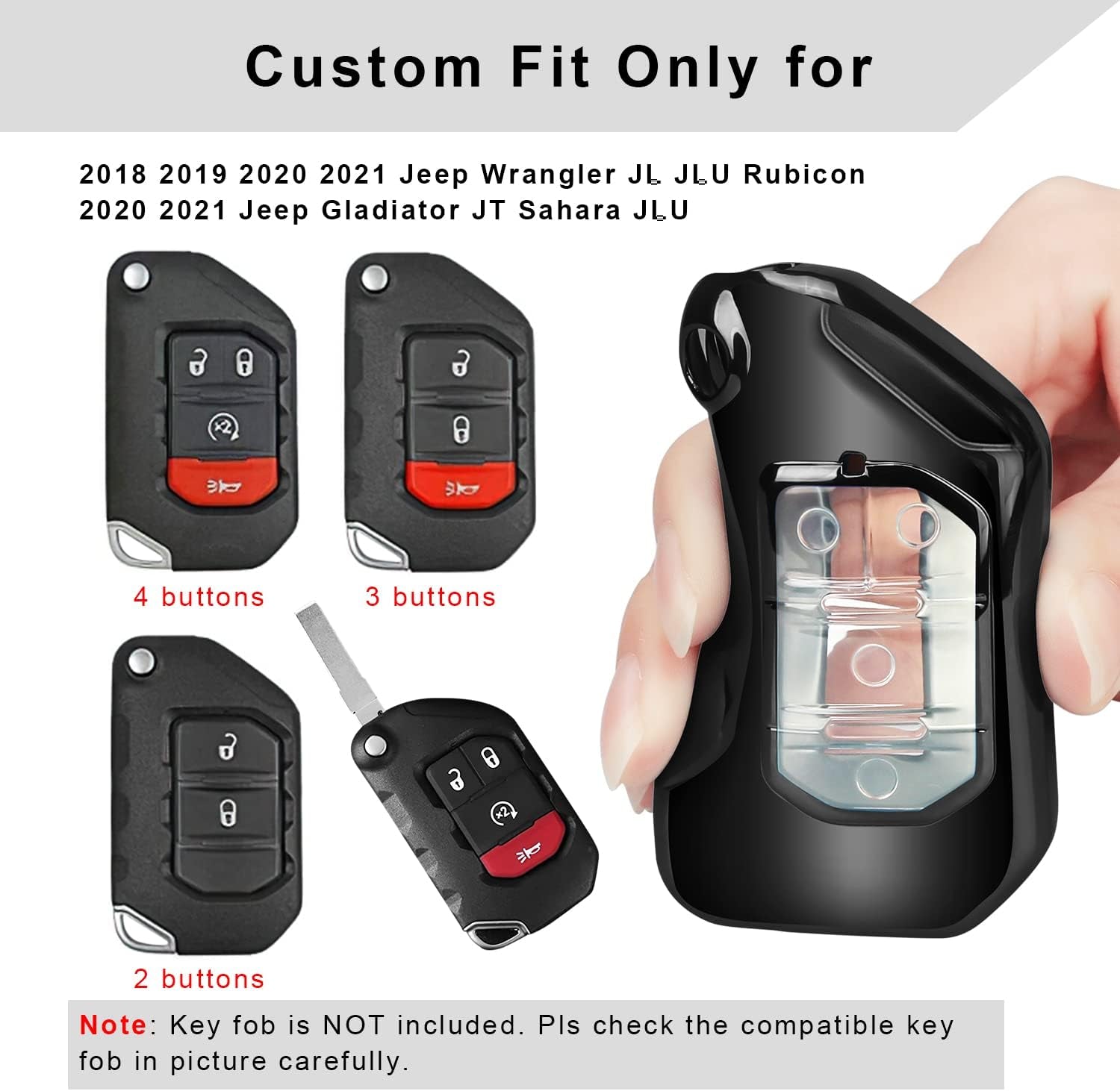 for Jeep Key Fob Cover with Keychain Flip Key Case for 2022 2021 2020 2019 2018 Jeep Wrangler Gladiator JL JLU Rubicon JT (Black)