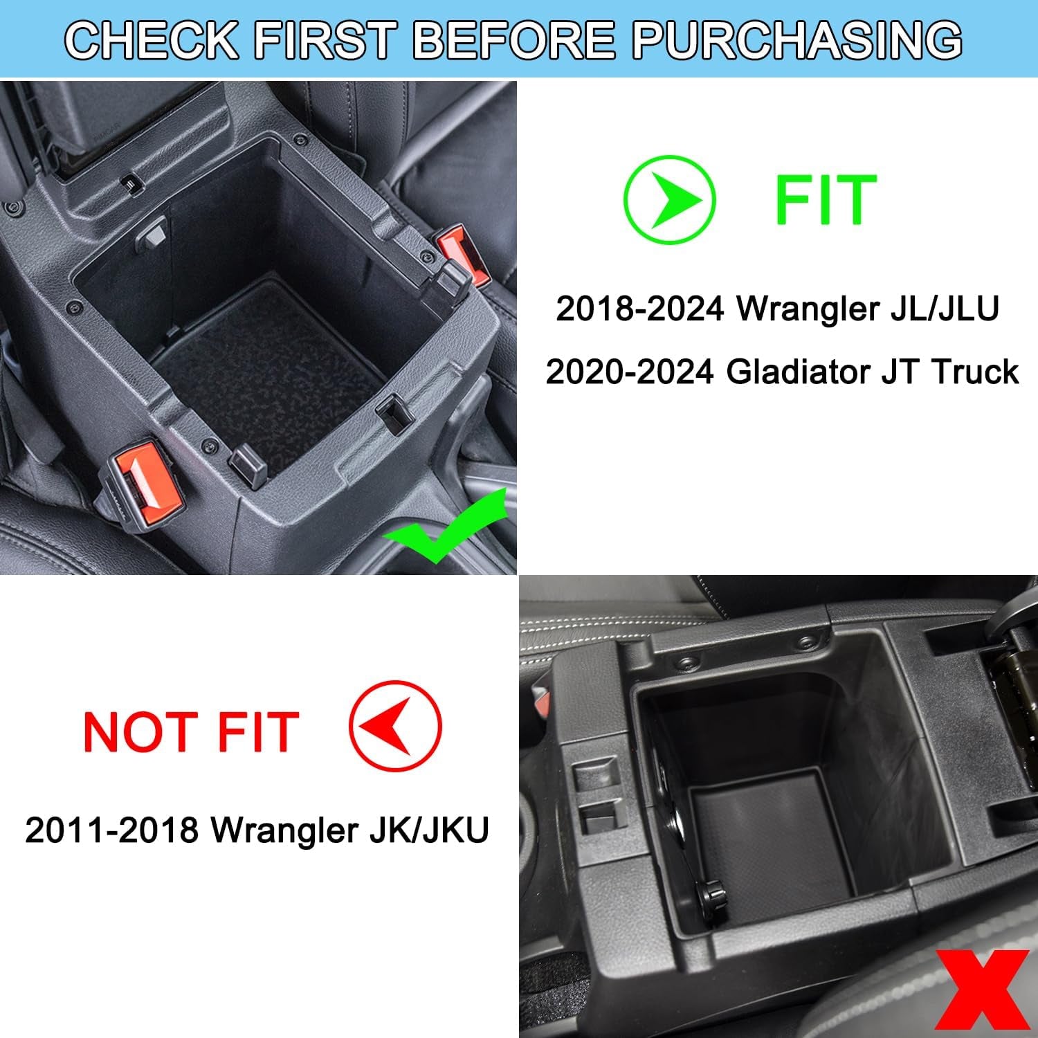 Compatible with Jeep Wrangler JL/JLU 2018-2024 & Jeep Gladiator JT 2020-2024 Center Console Organizer Armest Storage Tray (Not for Jk/Jku)-Red Trim